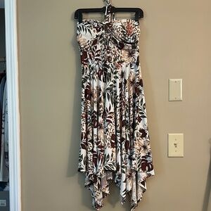 Floral Halter Handkerchief Dress in Cream, Brown & Green